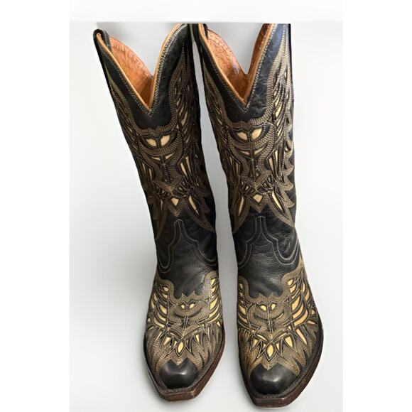 Womans Lucchese M3582 Black Crackle Lazer Design Bone Inlay Cowboy Boots 9.5 B - Picture 10 of 13